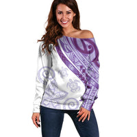 Purple Polynesian Tribal Turtle Floral Pattern Off Shoulder Sweater