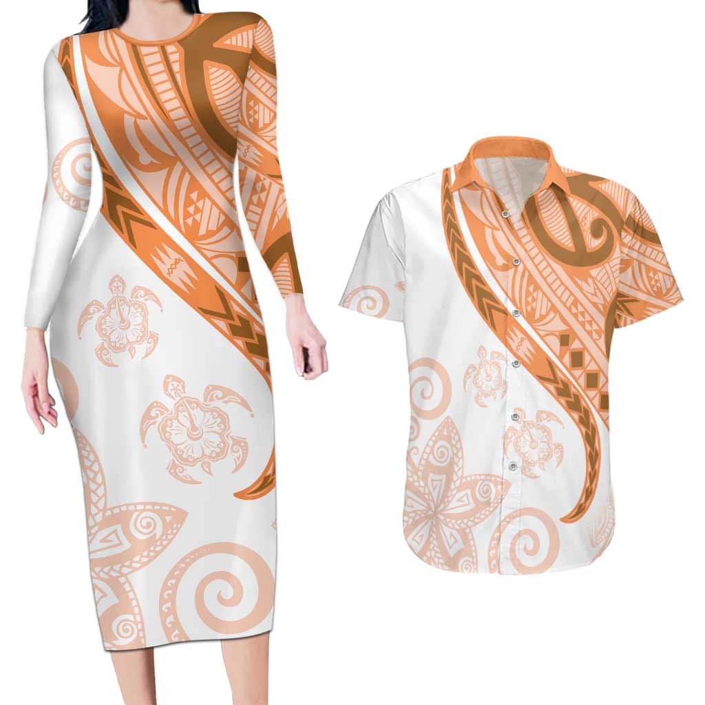 Orange Polynesian Tribal Turtle Floral Pattern Couples Matching Long Sleeve Bodycon Dress and Hawaiian Shirt