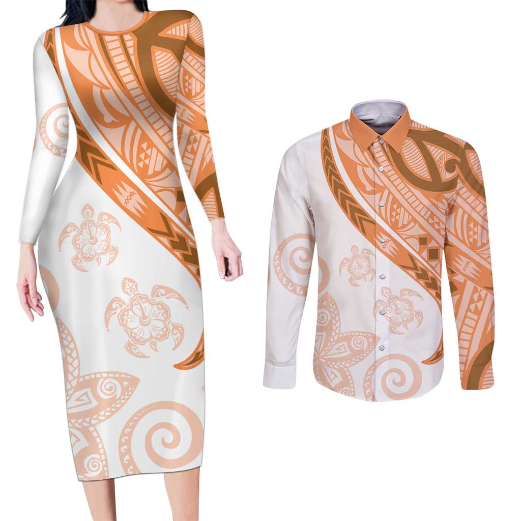 Orange Polynesian Tribal Turtle Floral Pattern Couples Matching Long Sleeve Bodycon Dress and Long Sleeve Button Shirt
