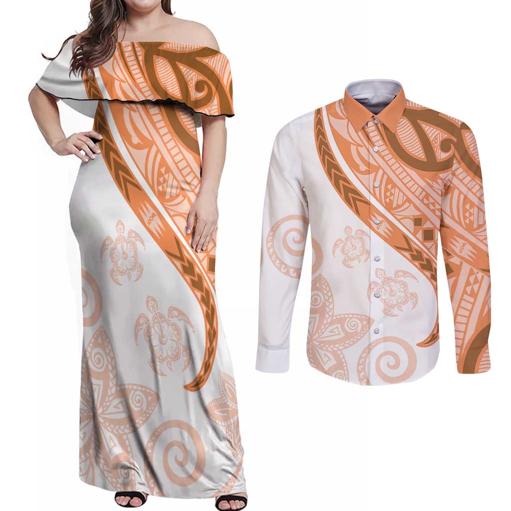 Orange Polynesian Tribal Turtle Floral Pattern Couples Matching Off Shoulder Maxi Dress and Long Sleeve Button Shirt