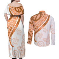 Orange Polynesian Tribal Turtle Floral Pattern Couples Matching Off Shoulder Maxi Dress and Long Sleeve Button Shirt