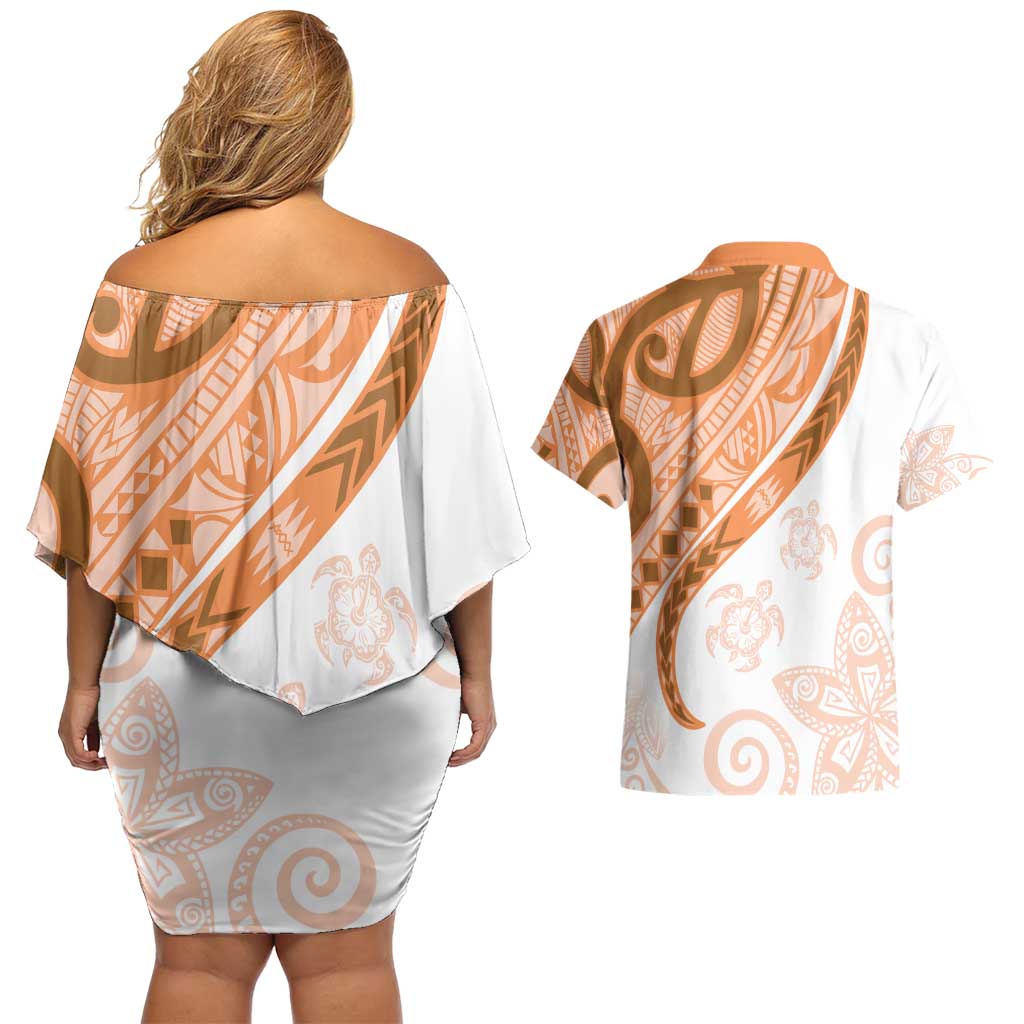 Orange Polynesian Tribal Turtle Floral Pattern Couples Matching Off Shoulder Short Dress and Hawaiian Shirt