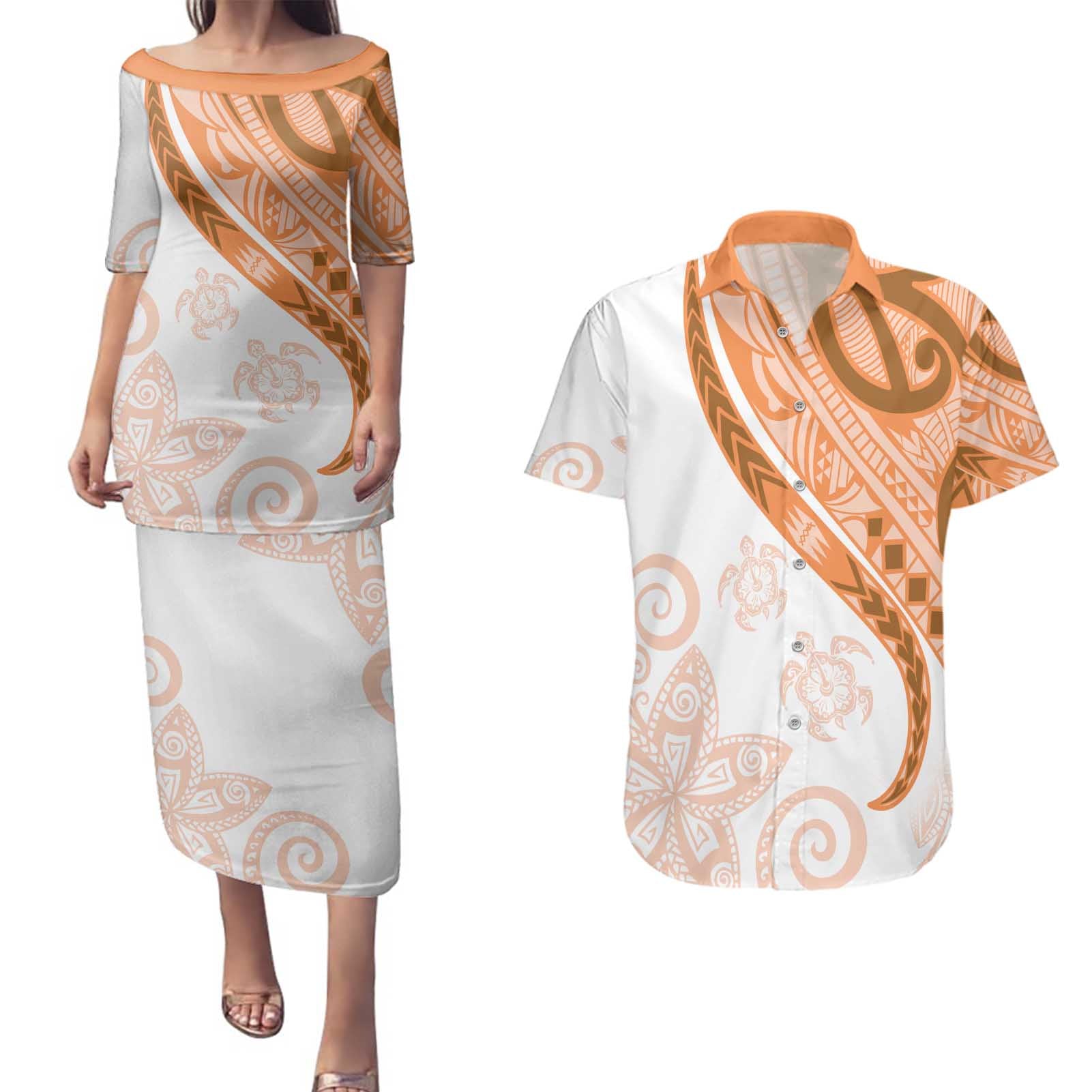 Orange Polynesian Tribal Turtle Floral Pattern Couples Matching Puletasi and Hawaiian Shirt