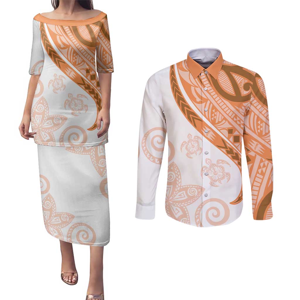 Orange Polynesian Tribal Turtle Floral Pattern Couples Matching Puletasi and Long Sleeve Button Shirt