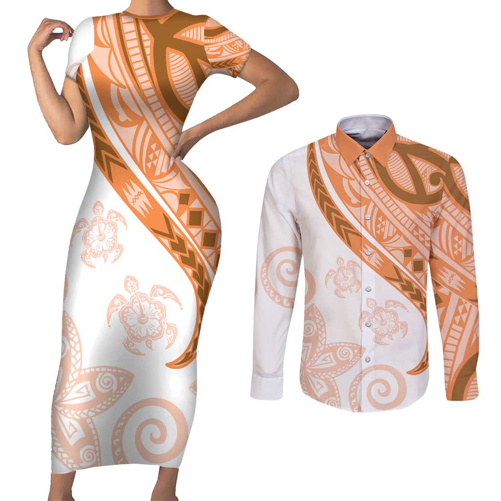 Orange Polynesian Tribal Turtle Floral Pattern Couples Matching Short Sleeve Bodycon Dress and Long Sleeve Button Shirt