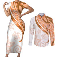 Orange Polynesian Tribal Turtle Floral Pattern Couples Matching Short Sleeve Bodycon Dress and Long Sleeve Button Shirt