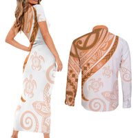 Orange Polynesian Tribal Turtle Floral Pattern Couples Matching Short Sleeve Bodycon Dress and Long Sleeve Button Shirt