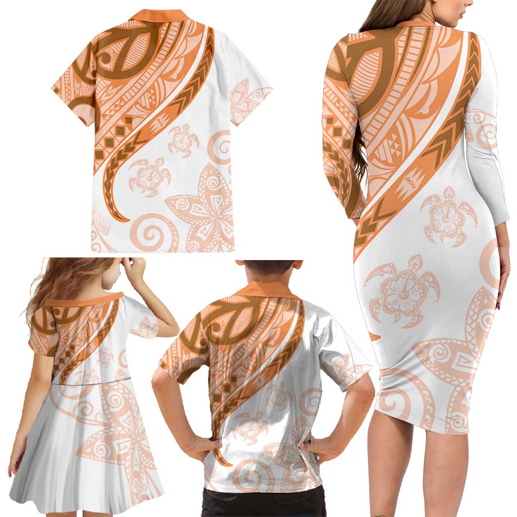 Orange Polynesian Tribal Turtle Floral Pattern Family Matching Long Sleeve Bodycon Dress and Hawaiian Shirt LT05 - Polynesian Pride