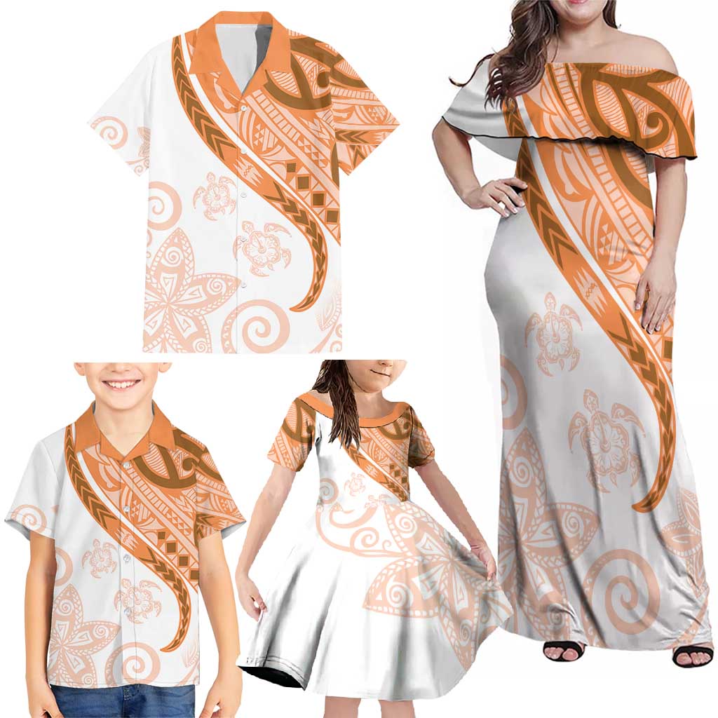 Orange Polynesian Tribal Turtle Floral Pattern Family Matching Off Shoulder Maxi Dress and Hawaiian Shirt LT05 - Polynesian Pride