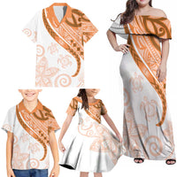 Orange Polynesian Tribal Turtle Floral Pattern Family Matching Off Shoulder Maxi Dress and Hawaiian Shirt LT05 - Polynesian Pride