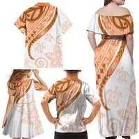 Orange Polynesian Tribal Turtle Floral Pattern Family Matching Off Shoulder Maxi Dress and Hawaiian Shirt LT05 - Polynesian Pride