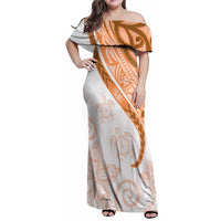 Orange Polynesian Tribal Turtle Floral Pattern Family Matching Off Shoulder Maxi Dress and Hawaiian Shirt LT05 Mom's Dress Orange - Polynesian Pride