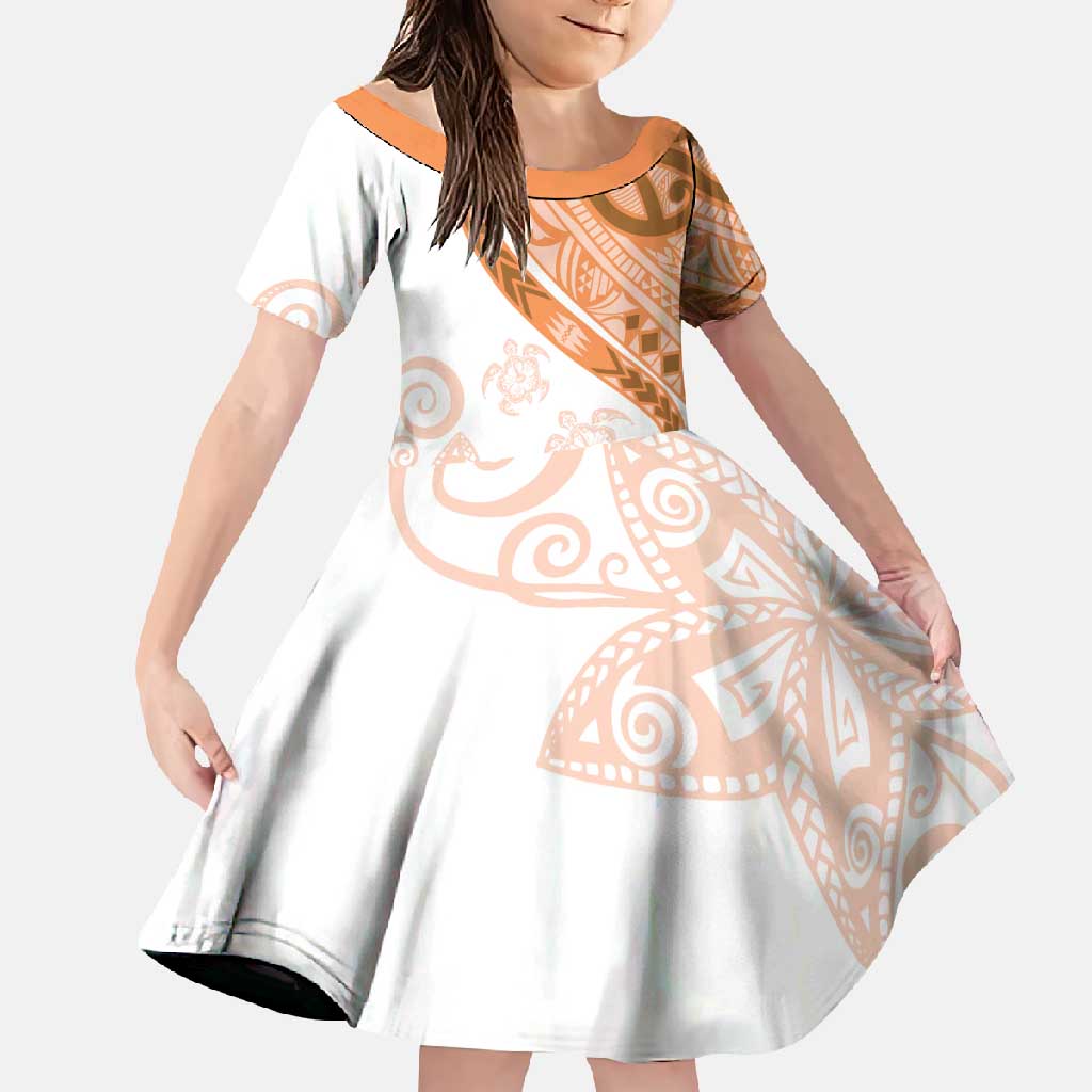 Orange Polynesian Tribal Turtle Floral Pattern Family Matching Short Sleeve Bodycon Dress and Hawaiian Shirt LT05 Daughter's Dress Orange - Polynesian Pride