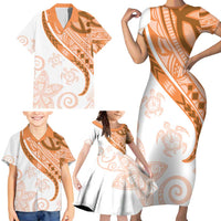 Orange Polynesian Tribal Turtle Floral Pattern Family Matching Short Sleeve Bodycon Dress and Hawaiian Shirt LT05 - Polynesian Pride