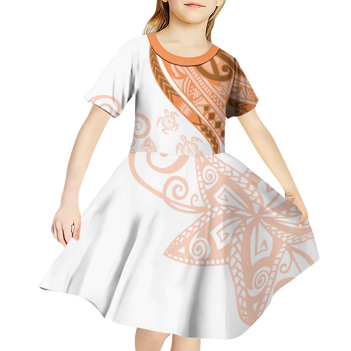 Orange Polynesian Tribal Turtle Floral Pattern Kid Short Sleeve Dress LT05 - Polynesian Pride