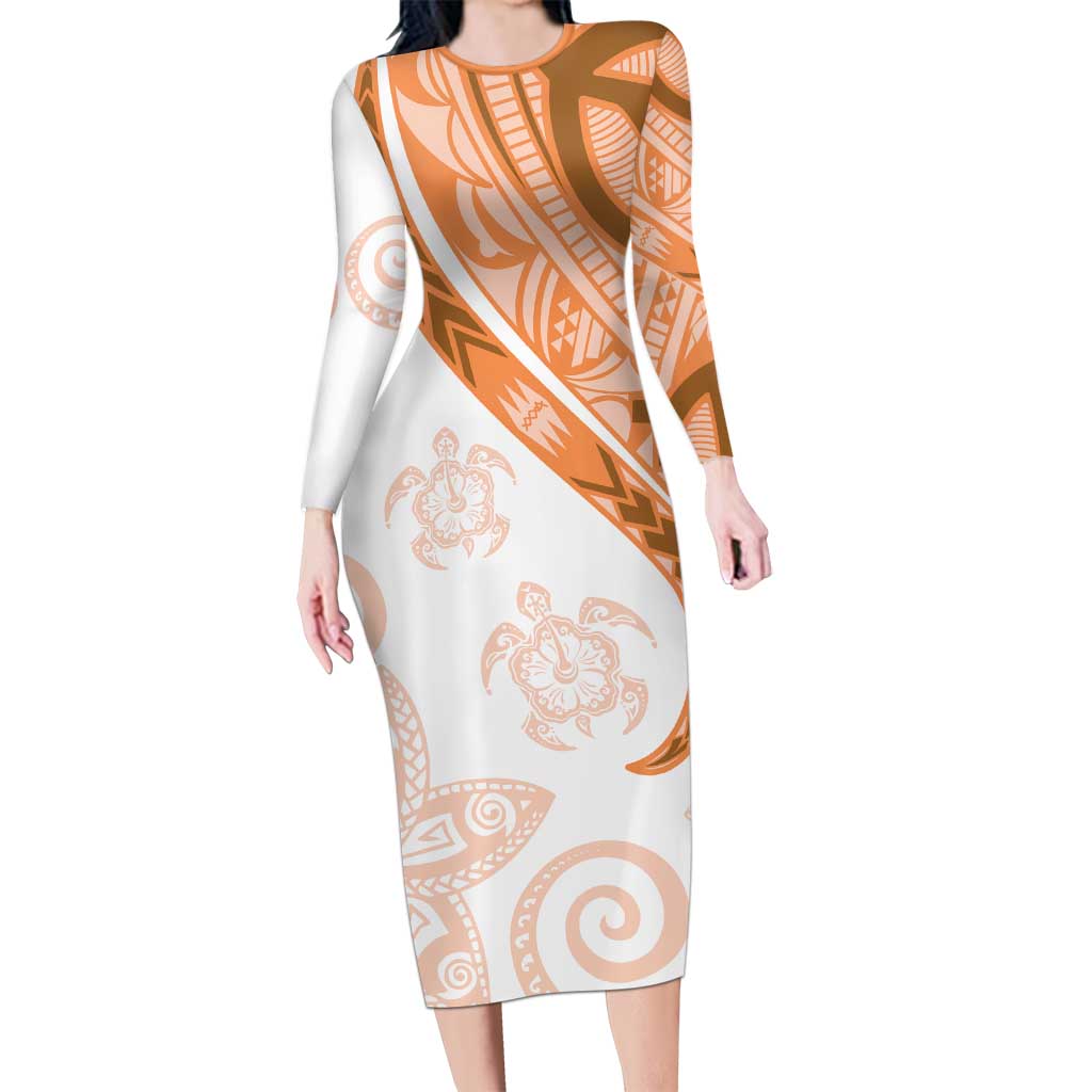 Orange Polynesian Tribal Turtle Floral Pattern Long Sleeve Bodycon Dress