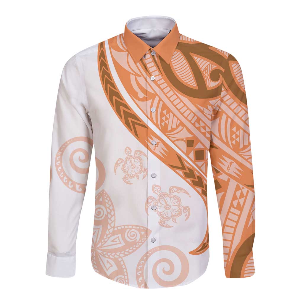 Orange Polynesian Tribal Turtle Floral Pattern Long Sleeve Button Shirt LT05 Unisex Orange - Polynesian Pride