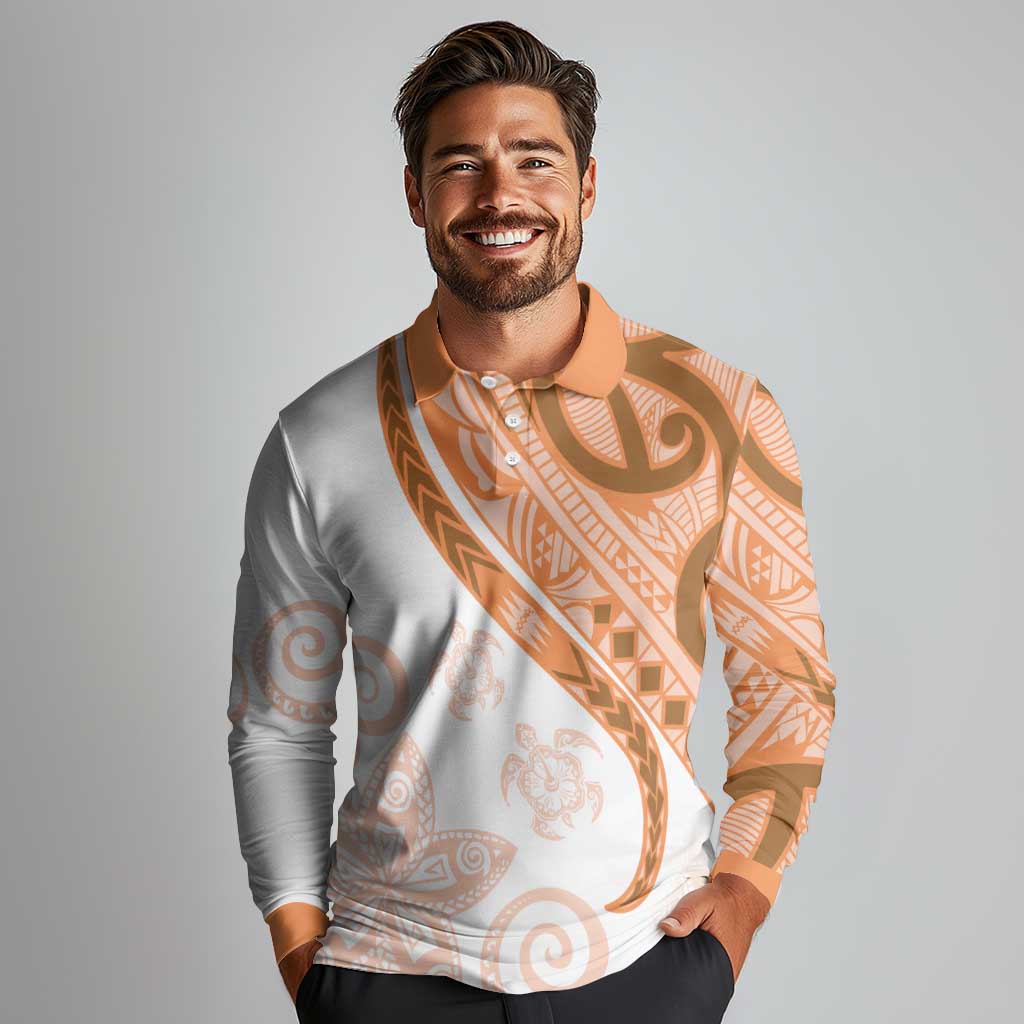 Orange Polynesian Tribal Turtle Floral Pattern Long Sleeve Polo Shirt LT05 - Polynesian Pride