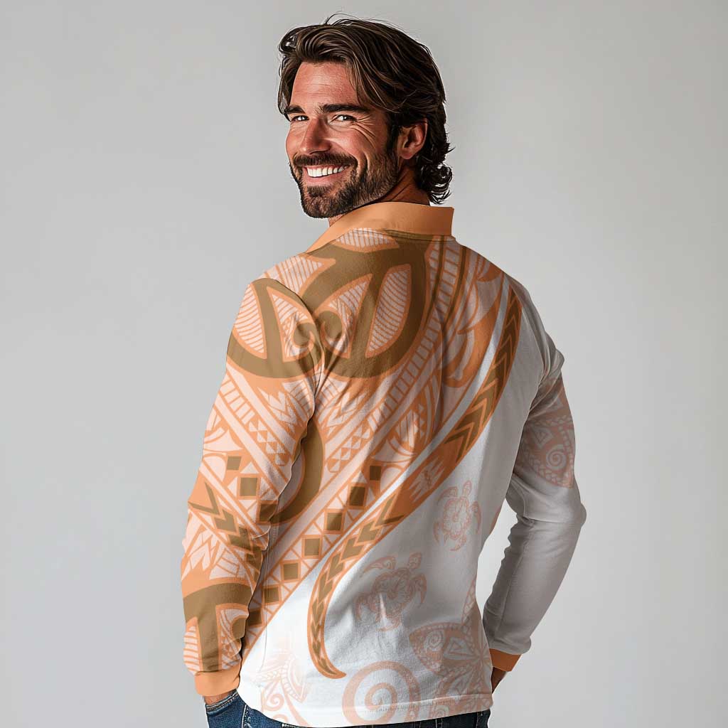 Orange Polynesian Tribal Turtle Floral Pattern Long Sleeve Polo Shirt LT05 - Polynesian Pride