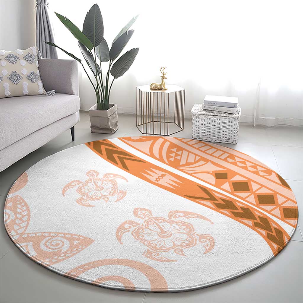 Orange Polynesian Tribal Turtle Floral Pattern Round Carpet