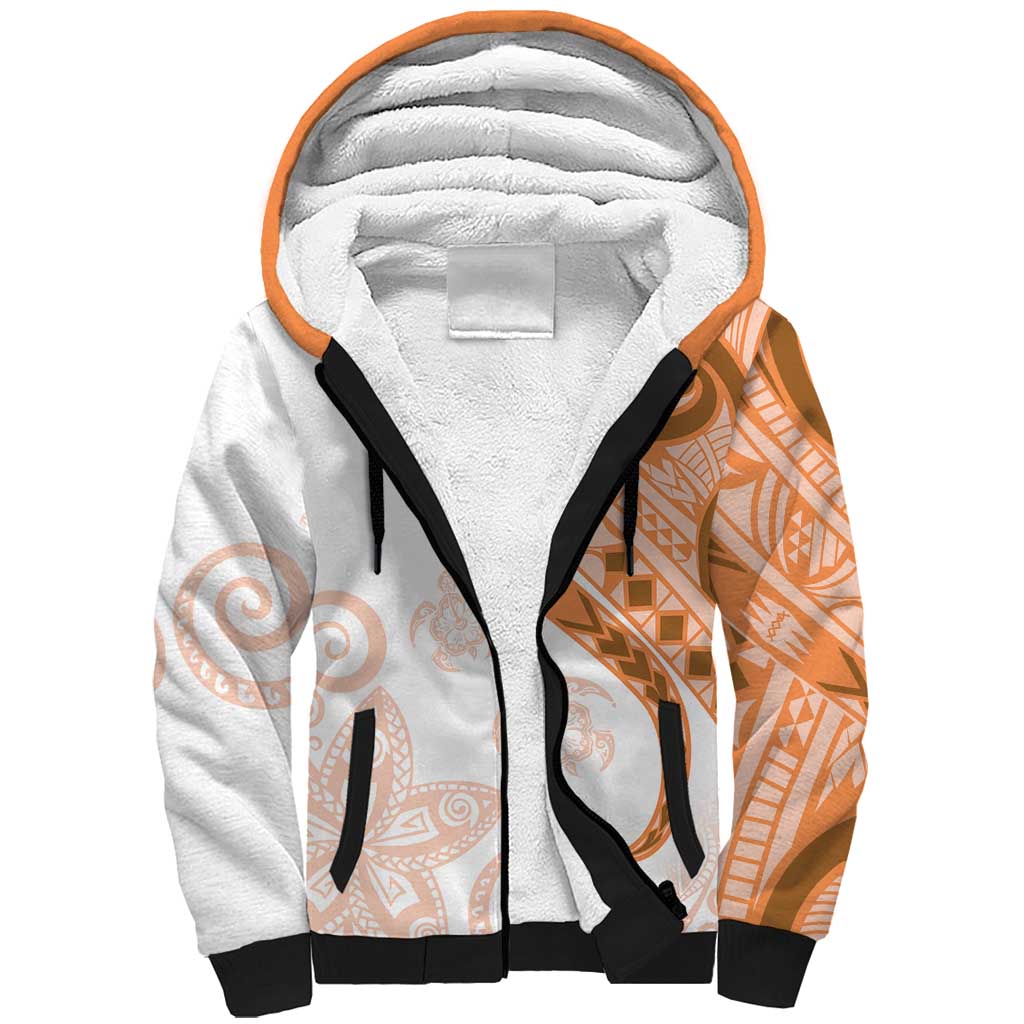 Orange Polynesian Tribal Turtle Floral Pattern Sherpa Hoodie