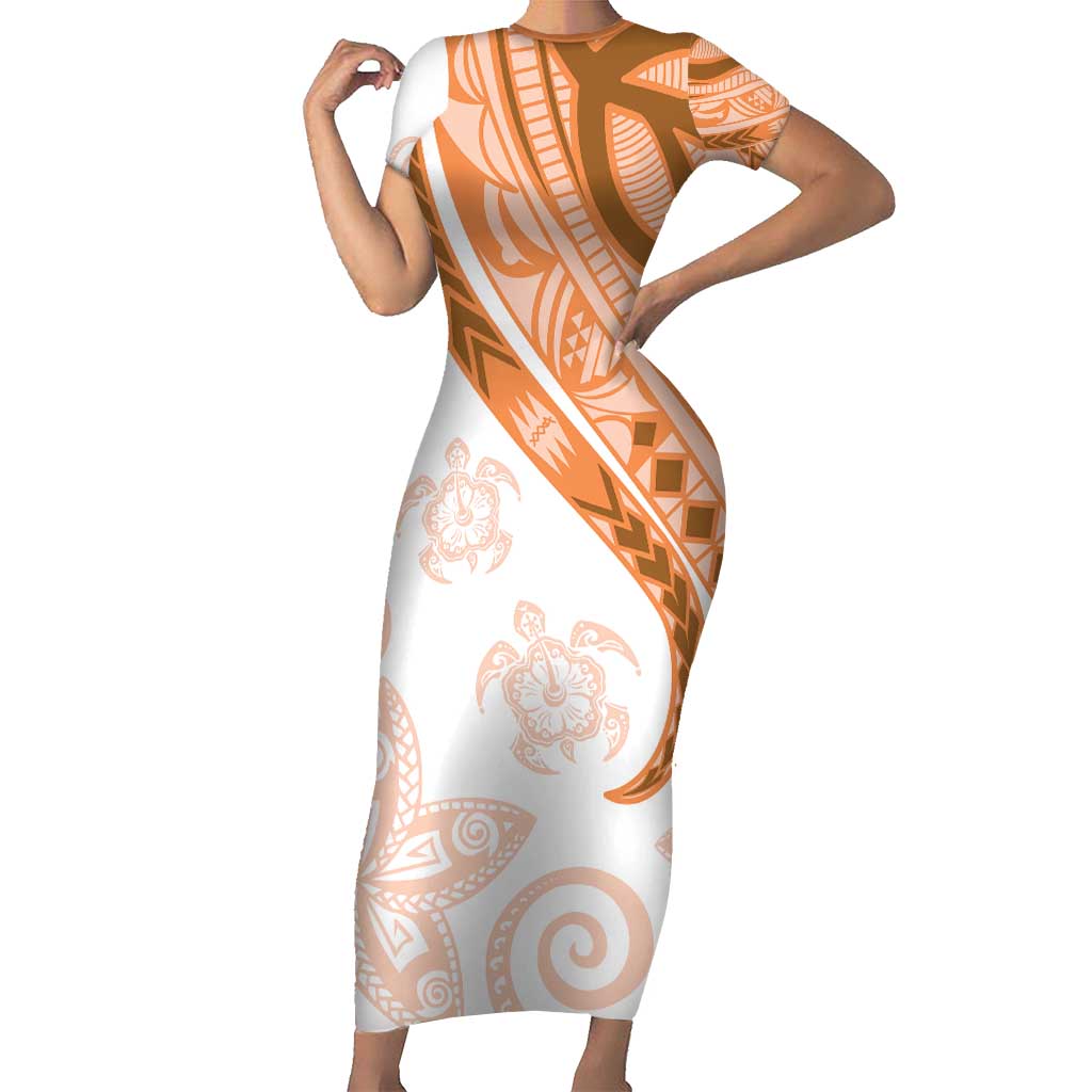 Orange Polynesian Tribal Turtle Floral Pattern Short Sleeve Bodycon Dress