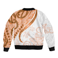 Orange Polynesian Tribal Turtle Floral Pattern Sleeve Zip Bomber Jacket
