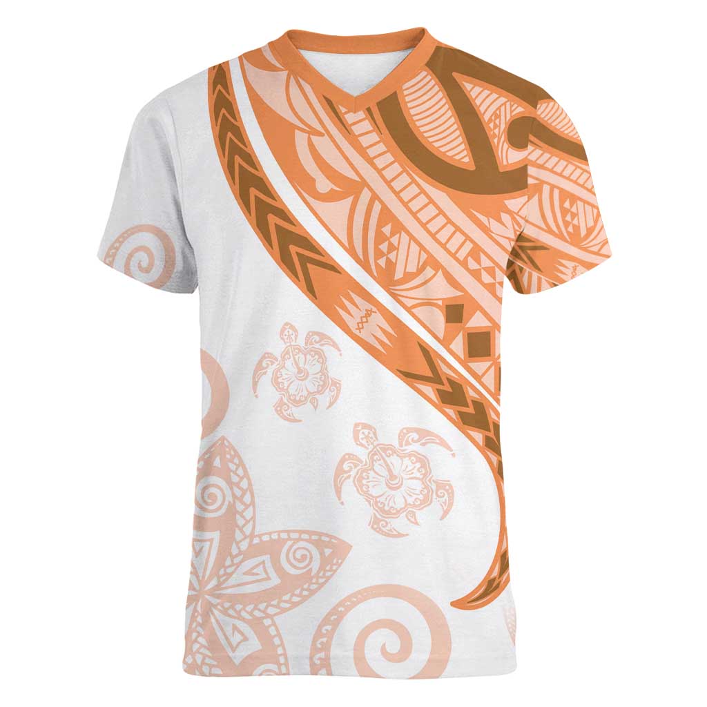Orange Polynesian Tribal Turtle Floral Pattern Women V-Neck T-Shirt LT05 Female Orange - Polynesian Pride