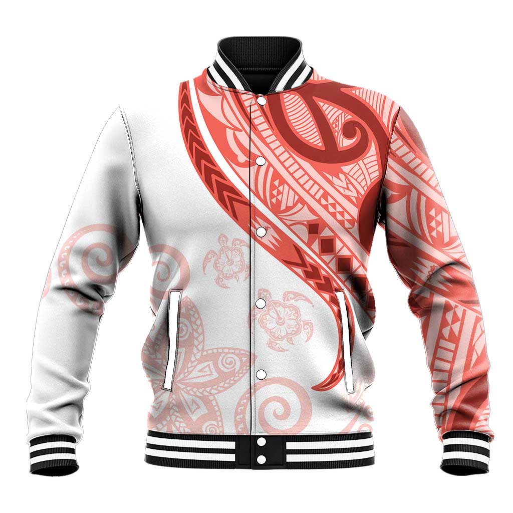 Coral Red Polynesian Tribal Turtle Floral Pattern Baseball Jacket