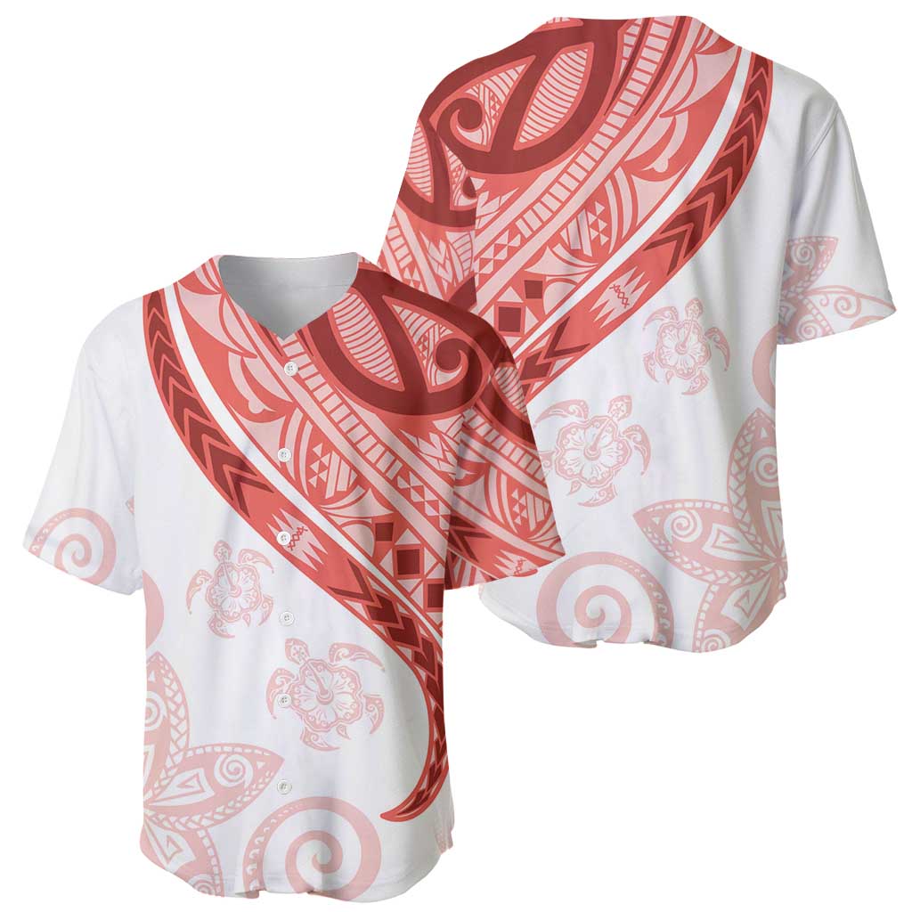Coral Red Polynesian Tribal Turtle Floral Pattern Baseball Jersey