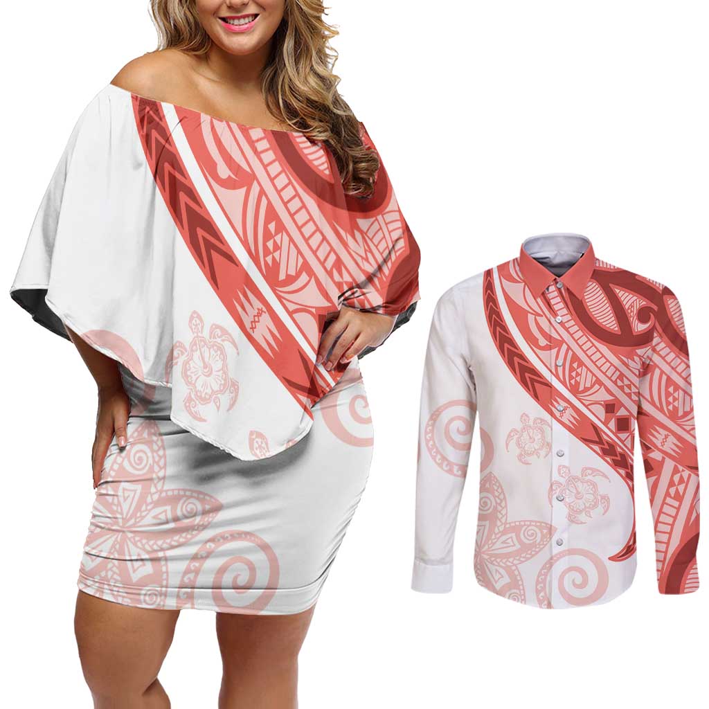 Coral Red Polynesian Tribal Turtle Floral Pattern Couples Matching Off Shoulder Short Dress and Long Sleeve Button Shirt