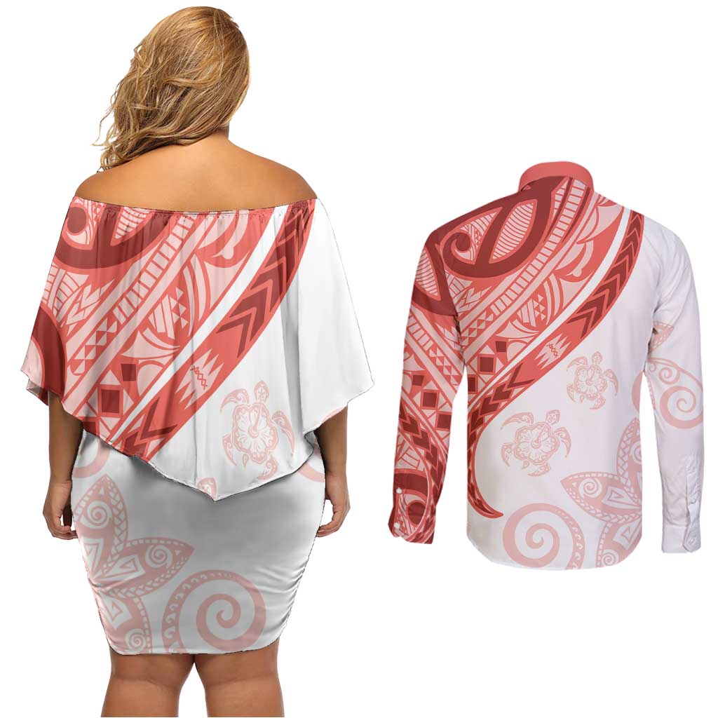 Coral Red Polynesian Tribal Turtle Floral Pattern Couples Matching Off Shoulder Short Dress and Long Sleeve Button Shirt