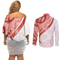 Coral Red Polynesian Tribal Turtle Floral Pattern Couples Matching Off Shoulder Short Dress and Long Sleeve Button Shirt