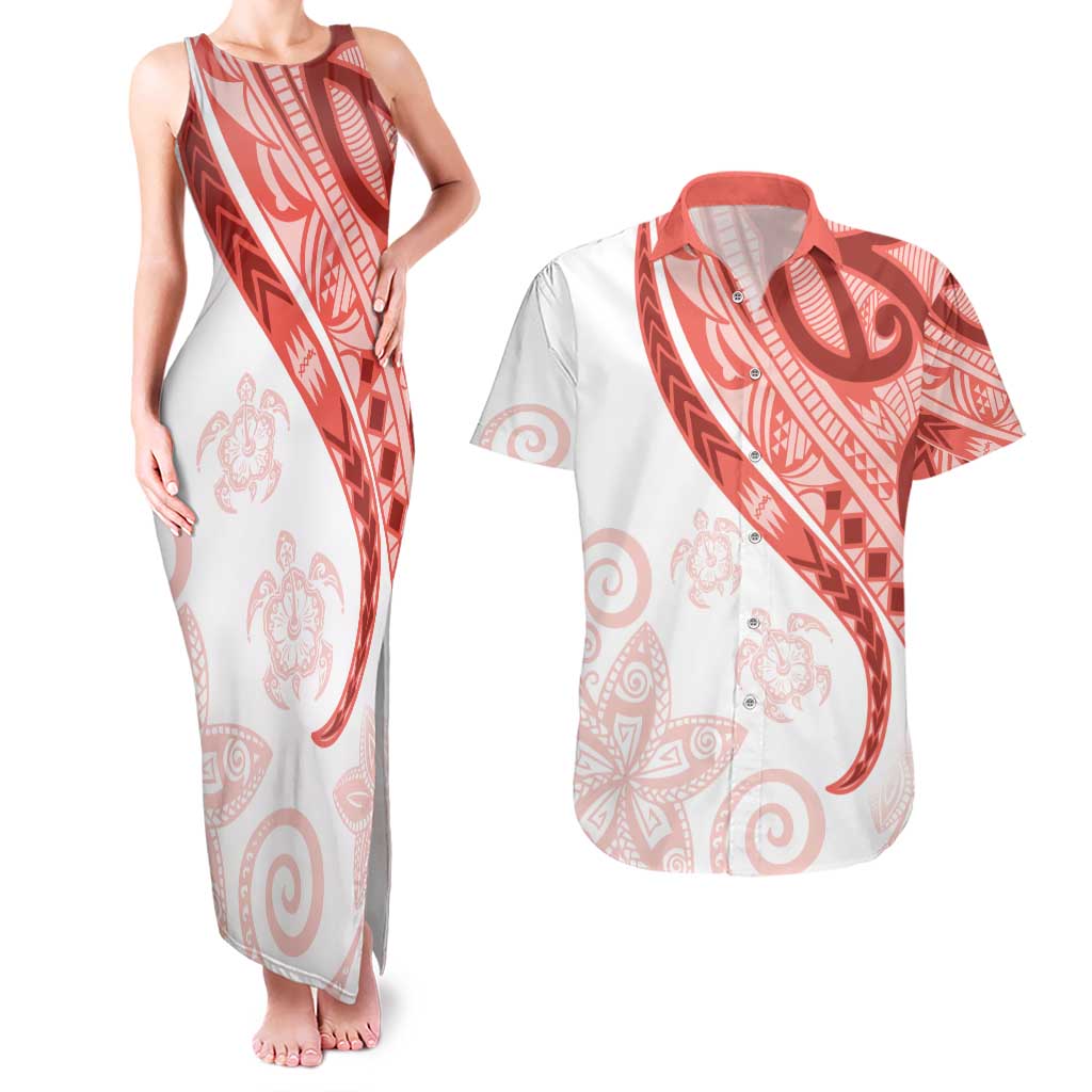 Coral Red Polynesian Tribal Turtle Floral Pattern Couples Matching Tank Maxi Dress and Hawaiian Shirt