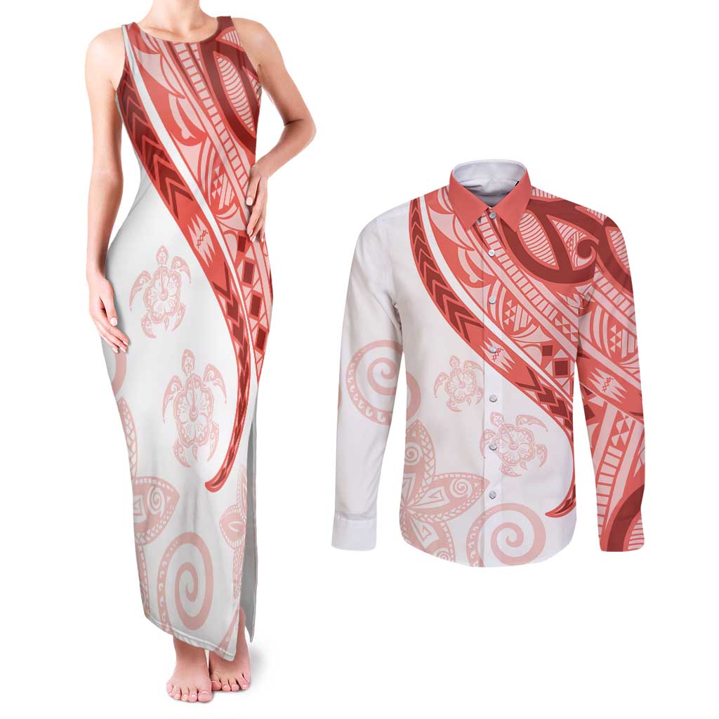 Coral Red Polynesian Tribal Turtle Floral Pattern Couples Matching Tank Maxi Dress and Long Sleeve Button Shirt