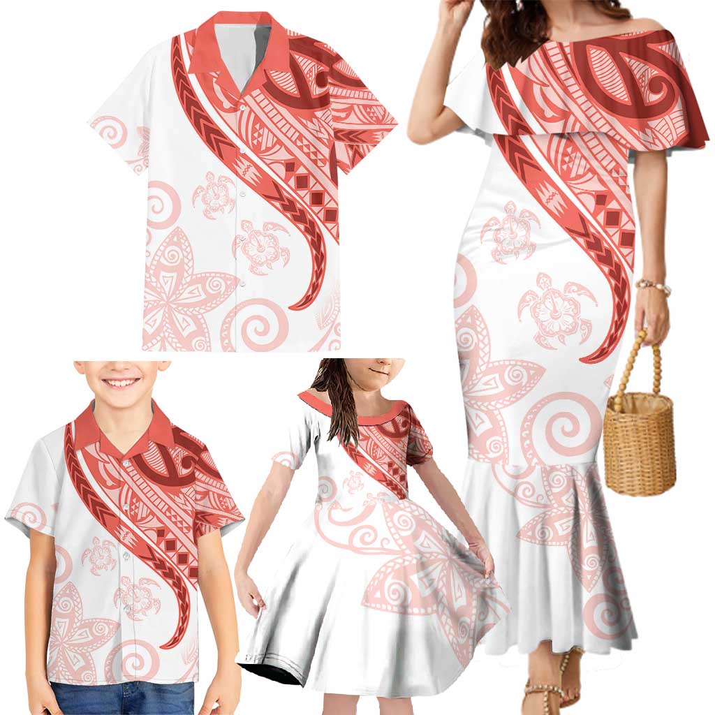 Coral Red Polynesian Tribal Turtle Floral Pattern Family Matching Mermaid Dress and Hawaiian Shirt LT05 - Polynesian Pride