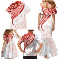 Coral Red Polynesian Tribal Turtle Floral Pattern Family Matching Mermaid Dress and Hawaiian Shirt LT05 - Polynesian Pride