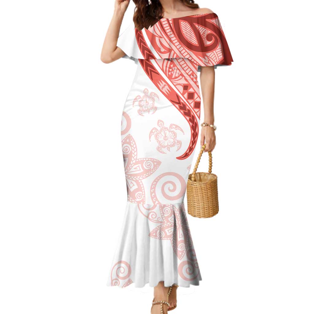 Coral Red Polynesian Tribal Turtle Floral Pattern Family Matching Mermaid Dress and Hawaiian Shirt LT05 Mom's Dress Red - Polynesian Pride