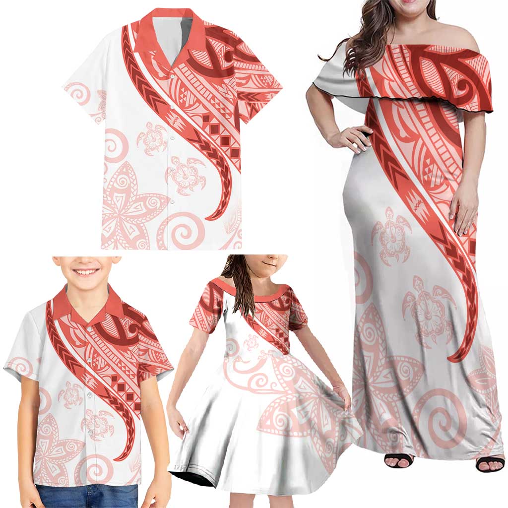 Coral Red Polynesian Tribal Turtle Floral Pattern Family Matching Off Shoulder Maxi Dress and Hawaiian Shirt LT05 - Polynesian Pride
