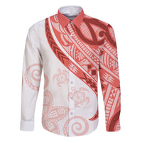 Coral Red Polynesian Tribal Turtle Floral Pattern Family Matching Off Shoulder Maxi Dress and Hawaiian Shirt LT05 Dad's Shirt - Long Sleeve Red - Polynesian Pride