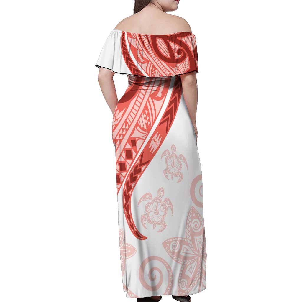 Coral Red Polynesian Tribal Turtle Floral Pattern Family Matching Off Shoulder Maxi Dress and Hawaiian Shirt LT05 - Polynesian Pride