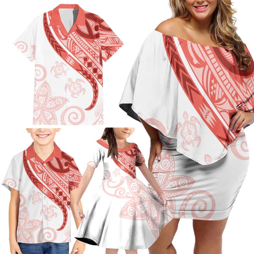 Coral Red Polynesian Tribal Turtle Floral Pattern Family Matching Off Shoulder Short Dress and Hawaiian Shirt LT05 - Polynesian Pride