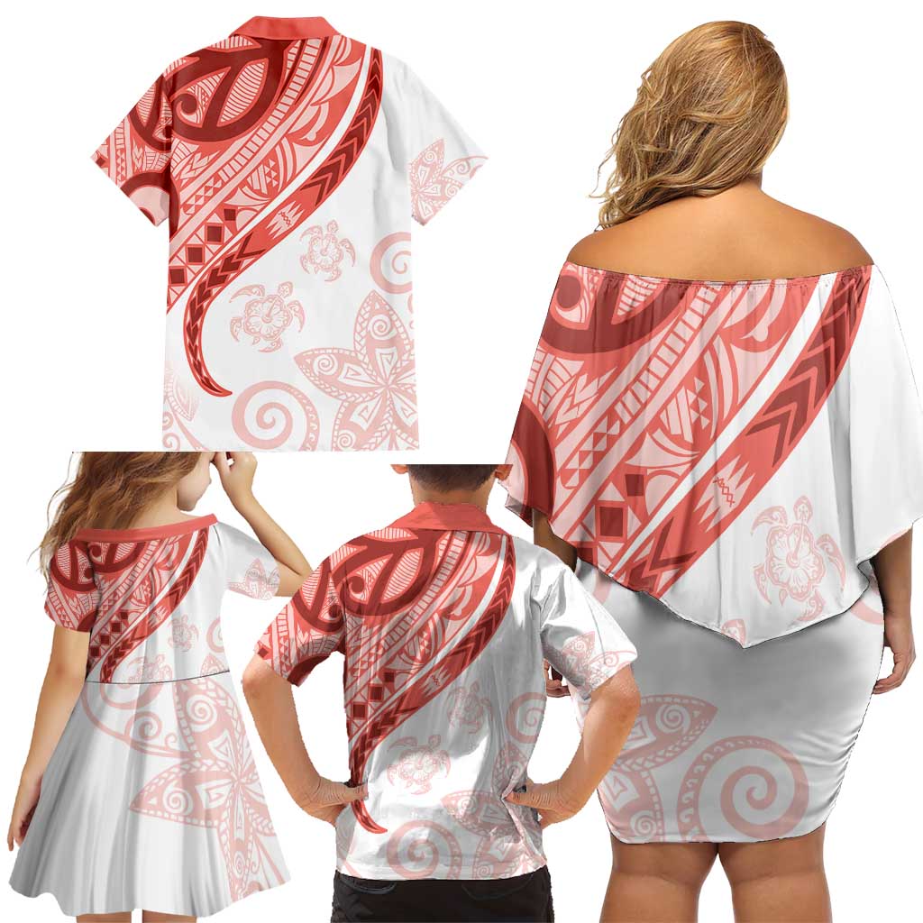 Coral Red Polynesian Tribal Turtle Floral Pattern Family Matching Off Shoulder Short Dress and Hawaiian Shirt LT05 - Polynesian Pride