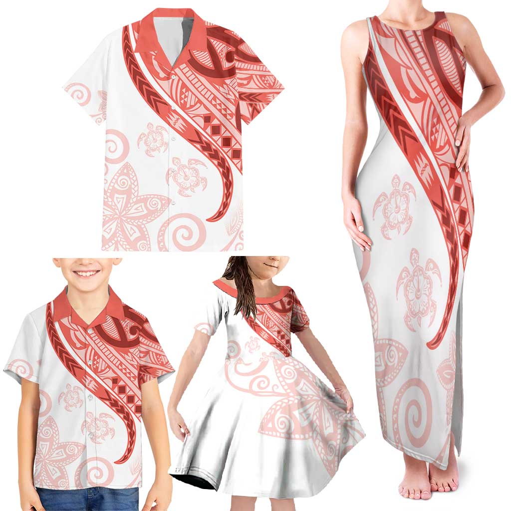 Coral Red Polynesian Tribal Turtle Floral Pattern Family Matching Tank Maxi Dress and Hawaiian Shirt LT05 - Polynesian Pride