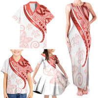 Coral Red Polynesian Tribal Turtle Floral Pattern Family Matching Tank Maxi Dress and Hawaiian Shirt LT05 - Polynesian Pride
