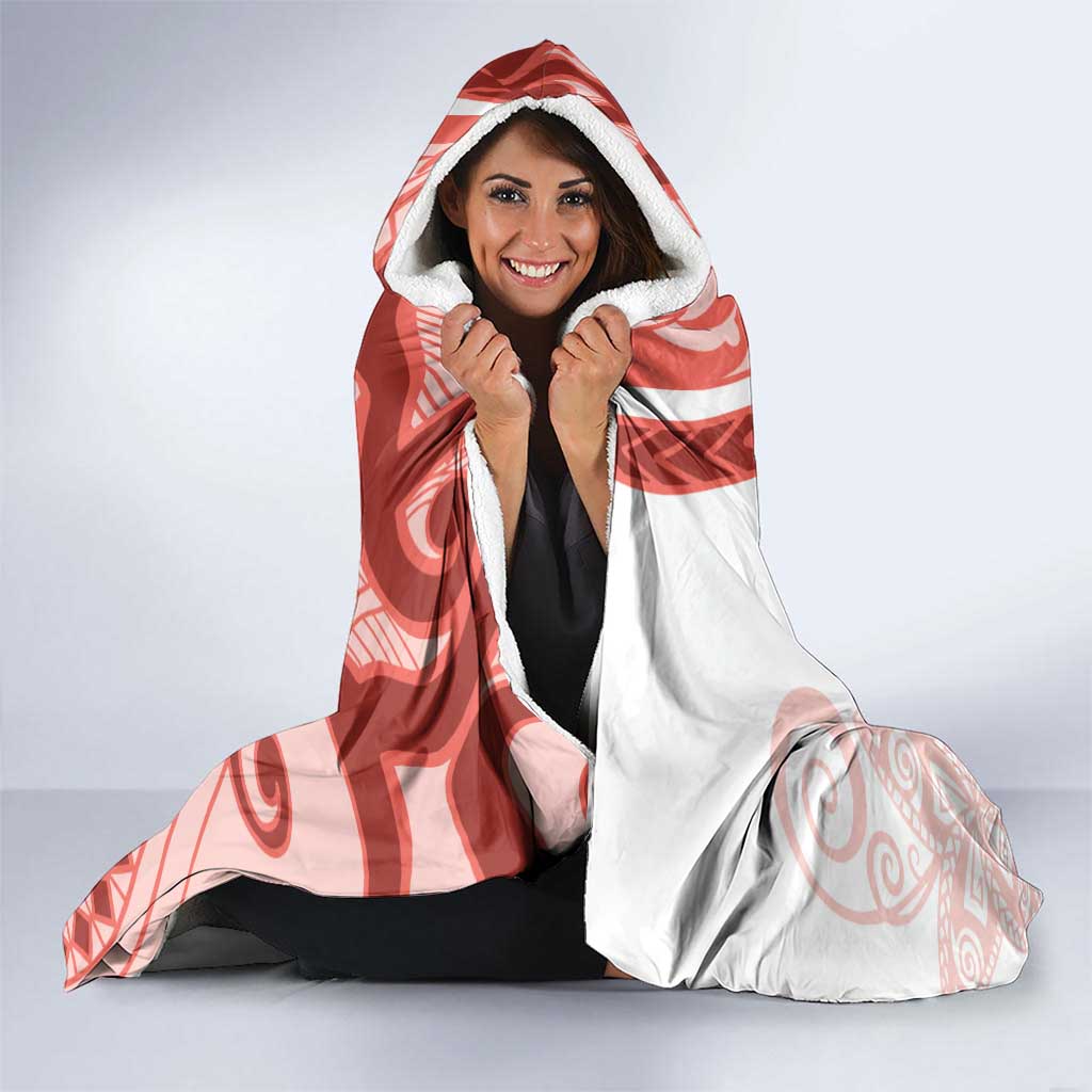 Coral Red Polynesian Tribal Turtle Floral Pattern Hooded Blanket