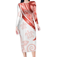 Coral Red Polynesian Tribal Turtle Floral Pattern Long Sleeve Bodycon Dress LT05 Long Dress Red - Polynesian Pride