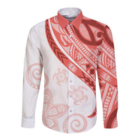 Coral Red Polynesian Tribal Turtle Floral Pattern Long Sleeve Button Shirt LT05 Unisex Red - Polynesian Pride