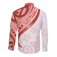 Coral Red Polynesian Tribal Turtle Floral Pattern Long Sleeve Button Shirt LT05 - Polynesian Pride
