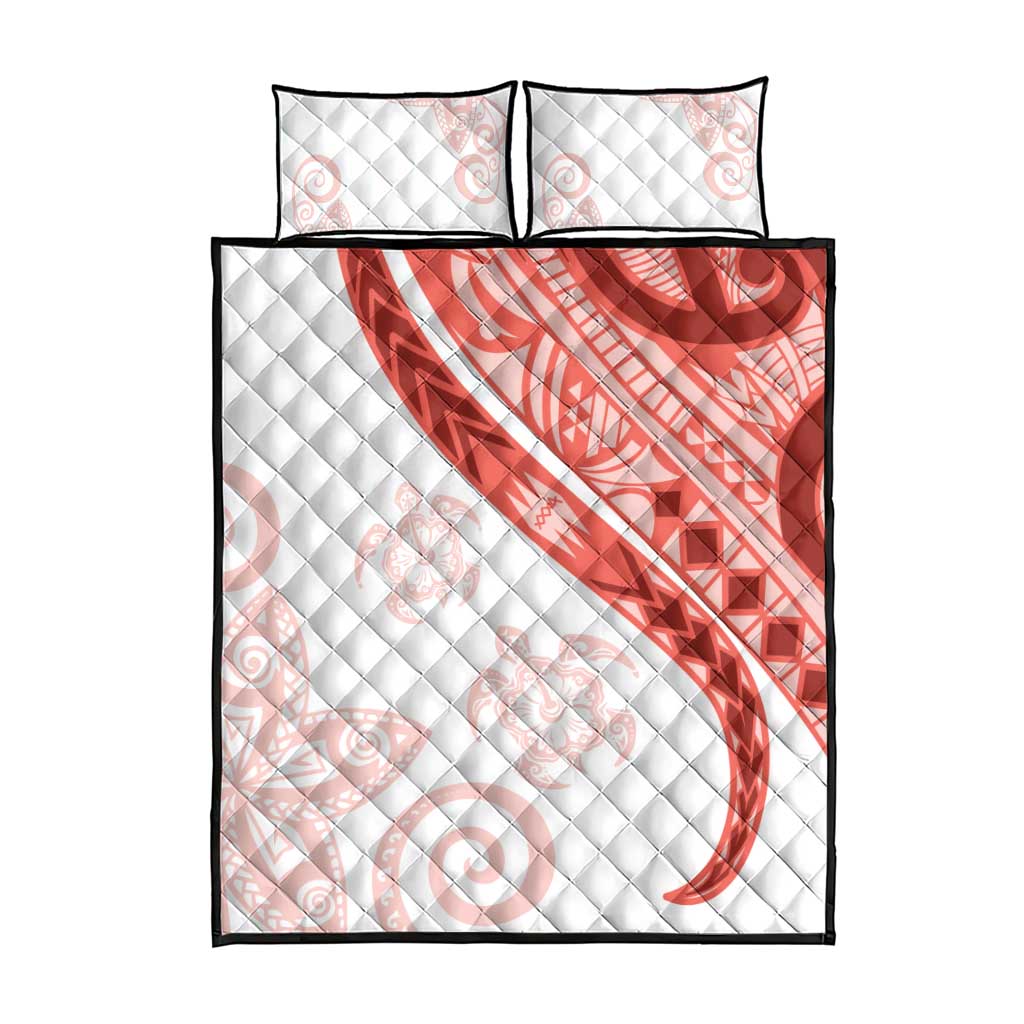 Coral Red Polynesian Tribal Turtle Floral Pattern Quilt Bed Set